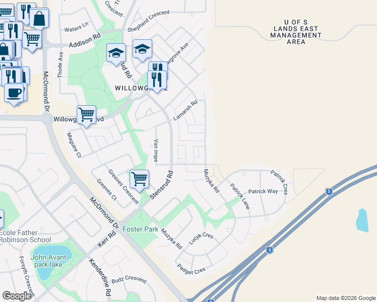 map of restaurants, bars, coffee shops, grocery stores, and more near 410 Stensrud Road in Saskatoon