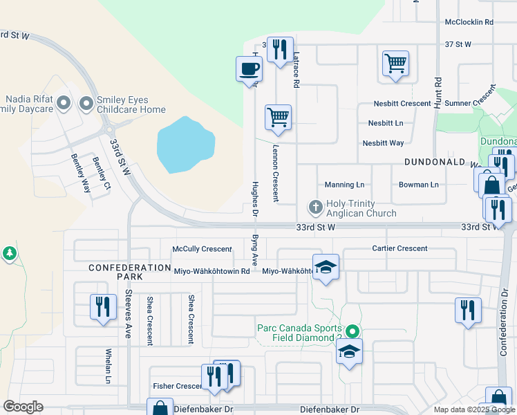 map of restaurants, bars, coffee shops, grocery stores, and more near 1214 Hughes Drive in Saskatoon