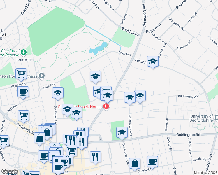 map of restaurants, bars, coffee shops, grocery stores, and more near Saint Michaels Road in Bedford