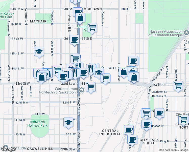 map of restaurants, bars, coffee shops, grocery stores, and more near 1222 Alberta Avenue in Saskatoon