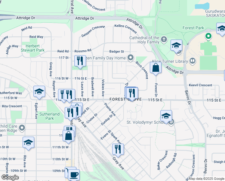 map of restaurants, bars, coffee shops, grocery stores, and more near 22 Vickies Place in Saskatoon