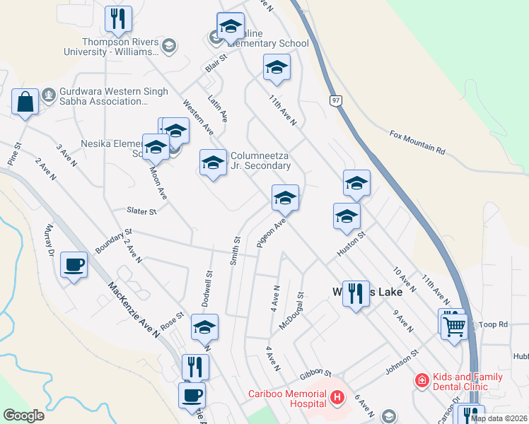 map of restaurants, bars, coffee shops, grocery stores, and more near 760 Smith Street in Williams Lake