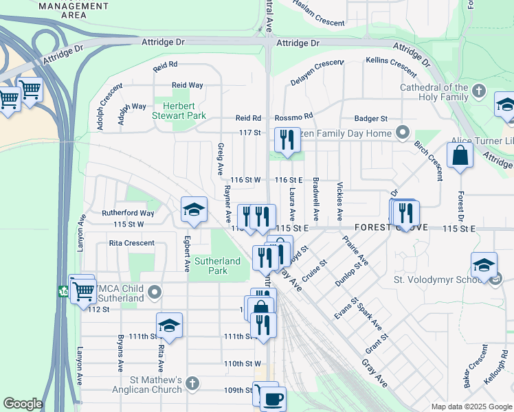 map of restaurants, bars, coffee shops, grocery stores, and more near 103 Powe Street in Saskatoon