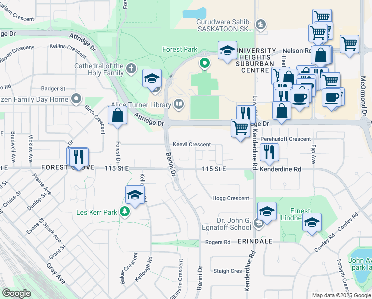 map of restaurants, bars, coffee shops, grocery stores, and more near 110 Keevil Crescent in Saskatoon