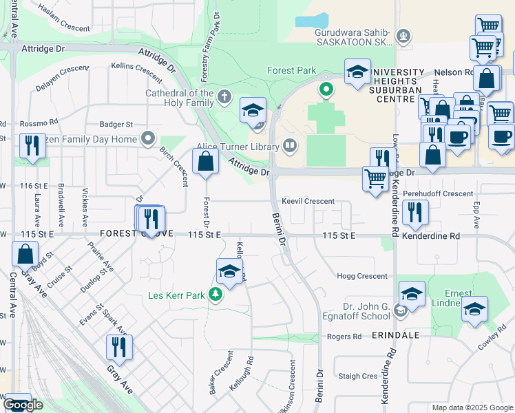 map of restaurants, bars, coffee shops, grocery stores, and more near 615 Webster Street in Saskatoon