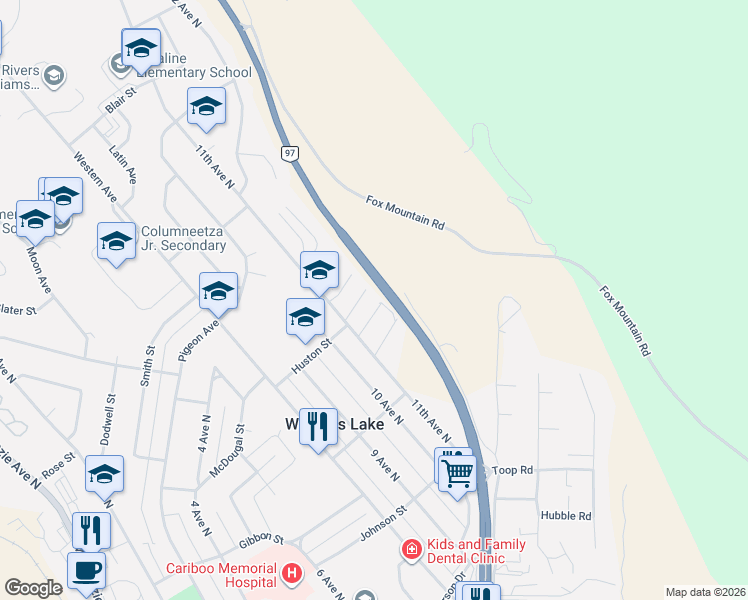 map of restaurants, bars, coffee shops, grocery stores, and more near 770 11th Avenue North in Williams Lake