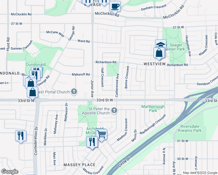 map of restaurants, bars, coffee shops, grocery stores, and more near 127 Hall Crescent in Saskatoon