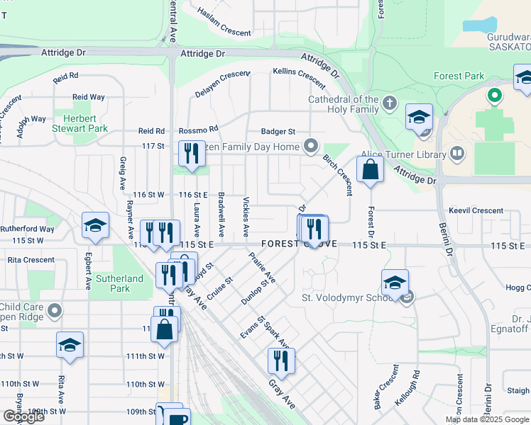 map of restaurants, bars, coffee shops, grocery stores, and more near 58 Vickies Place in Saskatoon