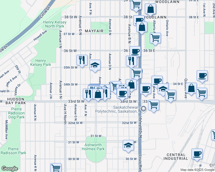 map of restaurants, bars, coffee shops, grocery stores, and more near 1237 Avenue D North in Saskatoon