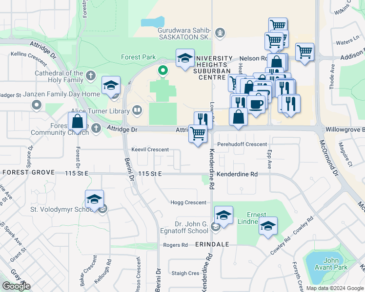 map of restaurants, bars, coffee shops, grocery stores, and more near 325 Keevil Crescent in Saskatoon