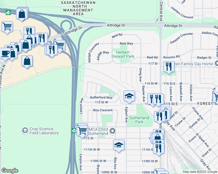 map of restaurants, bars, coffee shops, grocery stores, and more near 255 Rutherford Crescent in Saskatoon