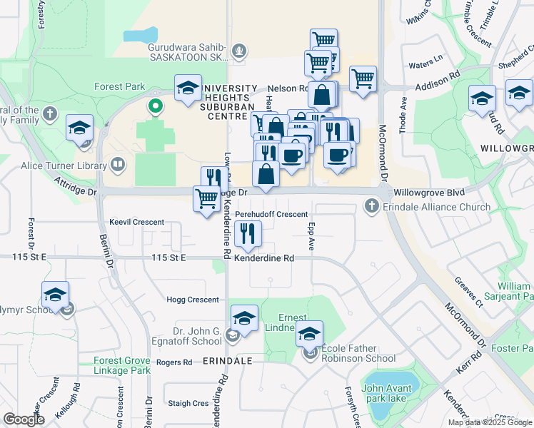 map of restaurants, bars, coffee shops, grocery stores, and more near 444 Perehudoff Crescent in Saskatoon