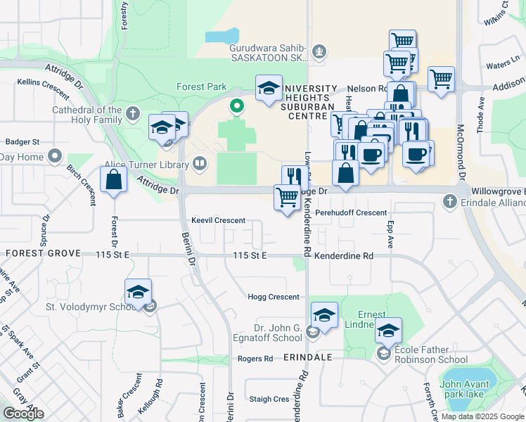map of restaurants, bars, coffee shops, grocery stores, and more near 325 Keevil Crescent in Saskatoon