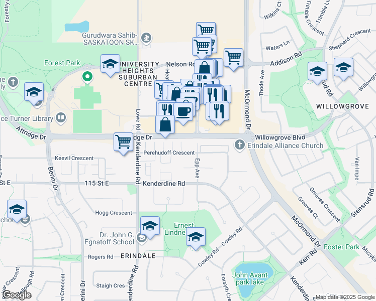 map of restaurants, bars, coffee shops, grocery stores, and more near 502 Perehudoff Crescent in Saskatoon