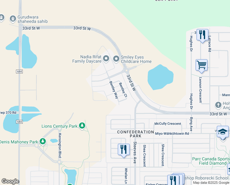map of restaurants, bars, coffee shops, grocery stores, and more near Bentley Lane in Saskatoon