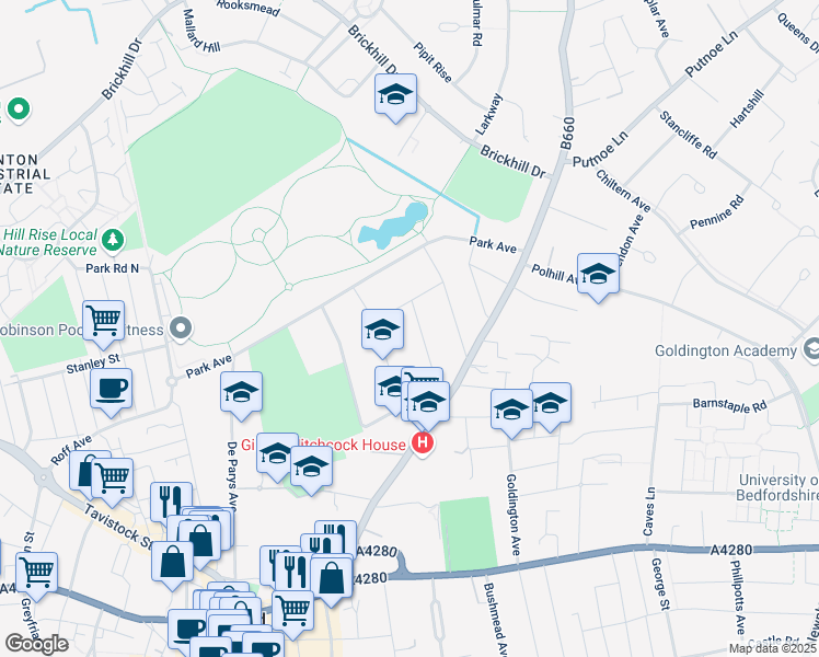 map of restaurants, bars, coffee shops, grocery stores, and more near Saint Michaels Road in Bedford