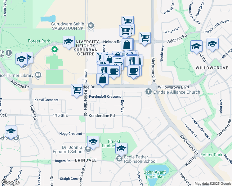 map of restaurants, bars, coffee shops, grocery stores, and more near 502 Perehudoff Crescent in Saskatoon