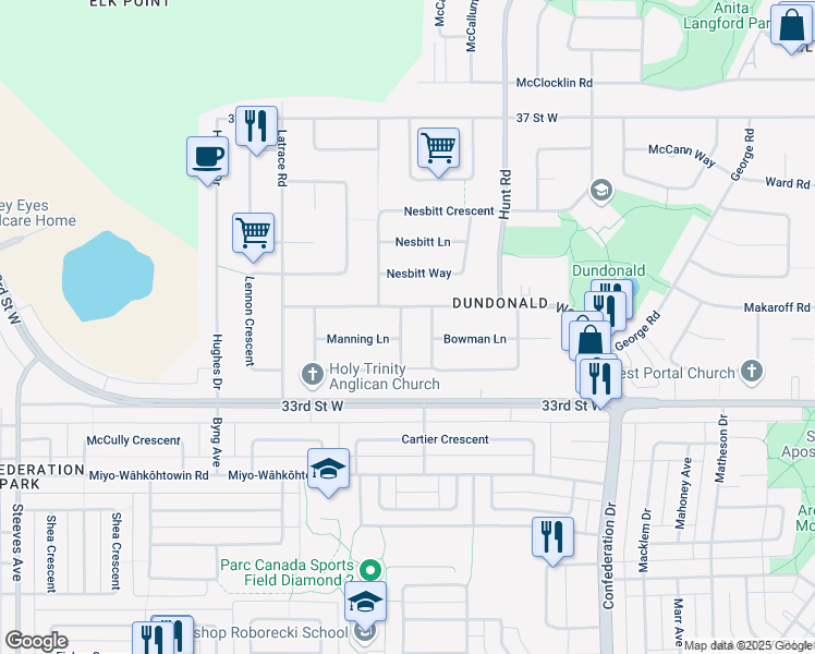 map of restaurants, bars, coffee shops, grocery stores, and more near 111 Manning Crescent in Saskatoon