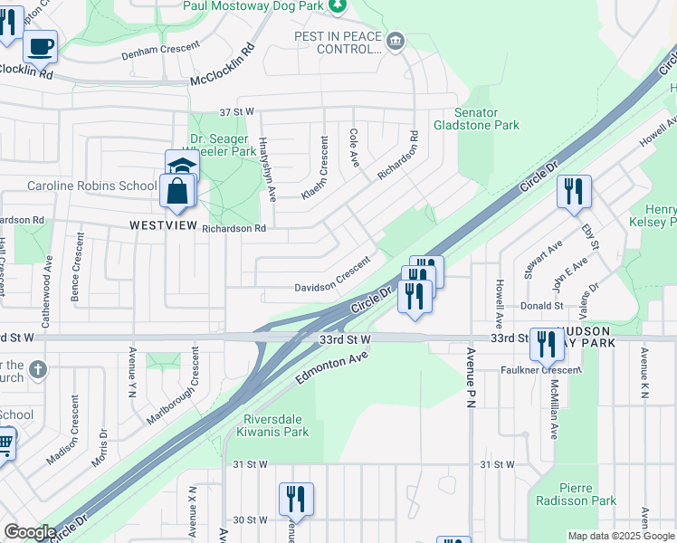 map of restaurants, bars, coffee shops, grocery stores, and more near 54 Davidson Crescent in Saskatoon