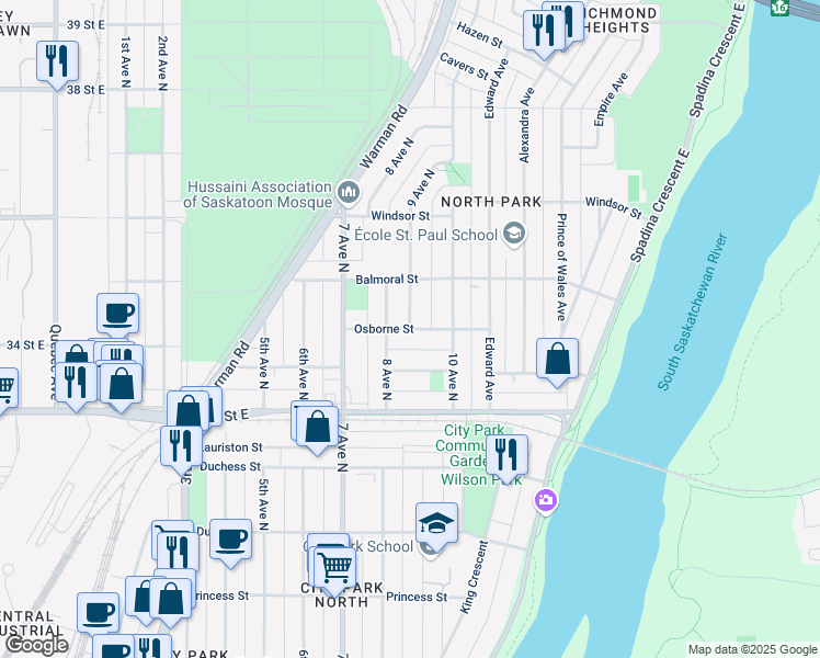 map of restaurants, bars, coffee shops, grocery stores, and more near Osborne Street in Saskatoon