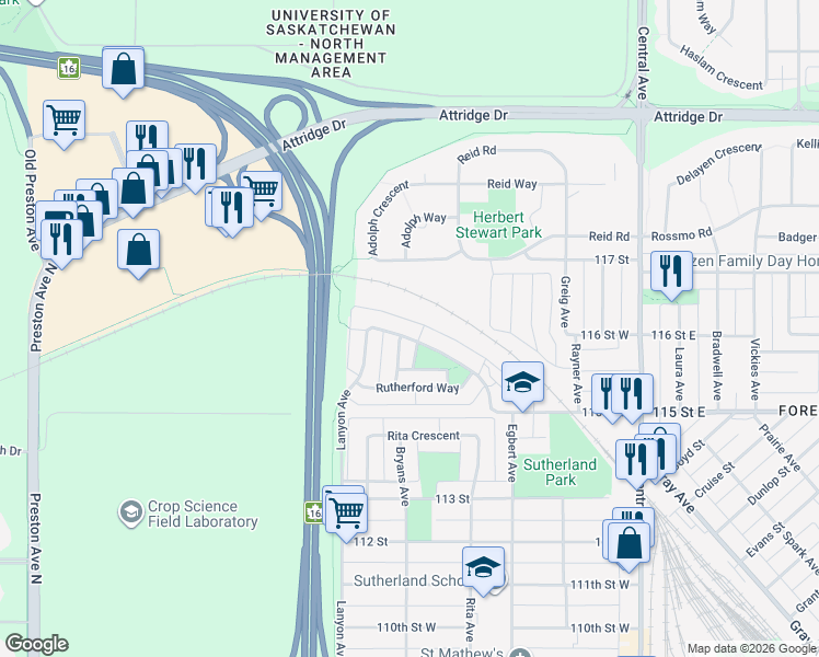 map of restaurants, bars, coffee shops, grocery stores, and more near 315 Rutherford Crescent in Saskatoon
