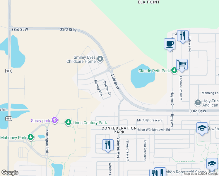 map of restaurants, bars, coffee shops, grocery stores, and more near 403 Bentley Court in Saskatoon