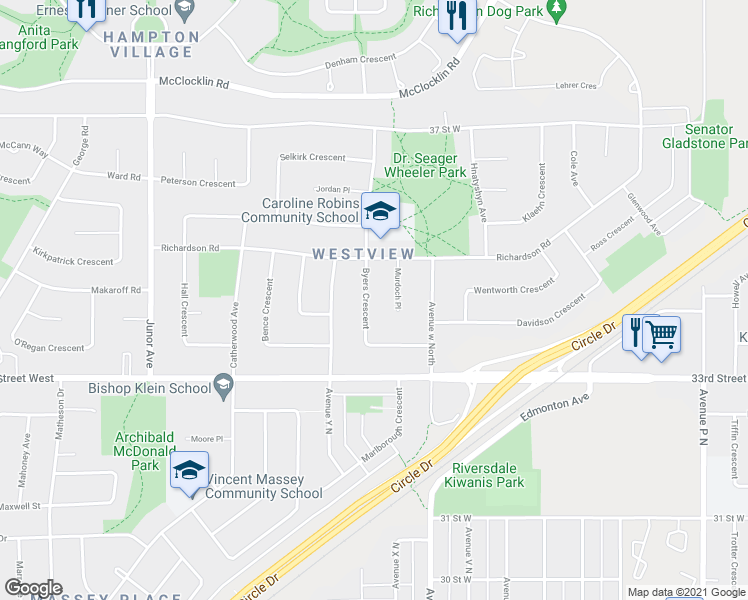 map of restaurants, bars, coffee shops, grocery stores, and more near 68 Byers Crescent in Saskatoon