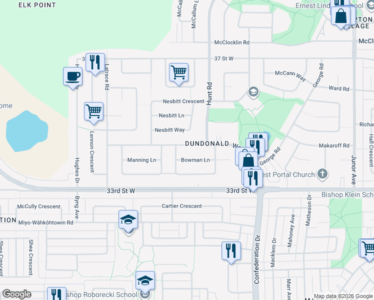 map of restaurants, bars, coffee shops, grocery stores, and more near 239 Wedge Road in Saskatoon