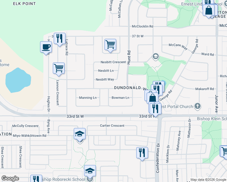 map of restaurants, bars, coffee shops, grocery stores, and more near 239 Wedge Road in Saskatoon