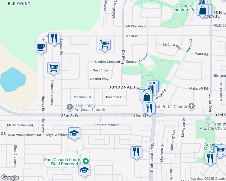 map of restaurants, bars, coffee shops, grocery stores, and more near in Saskatoon