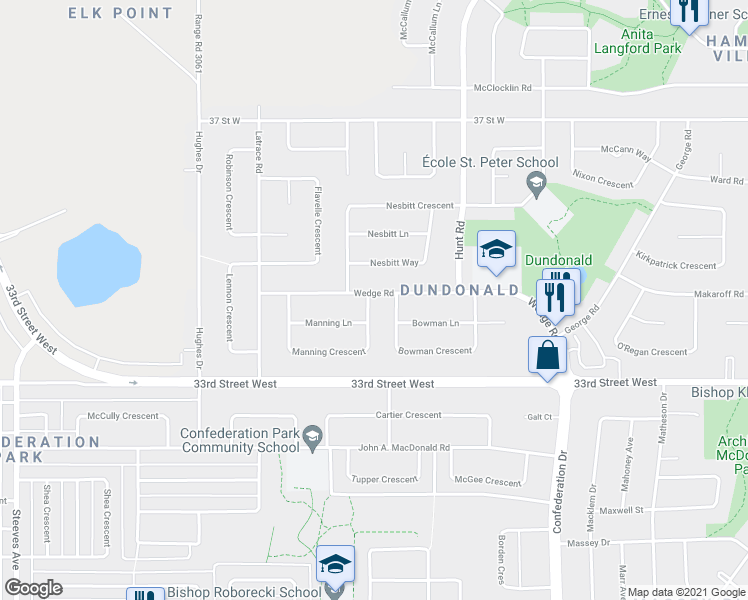 map of restaurants, bars, coffee shops, grocery stores, and more near 103 Manning Crescent in Saskatoon