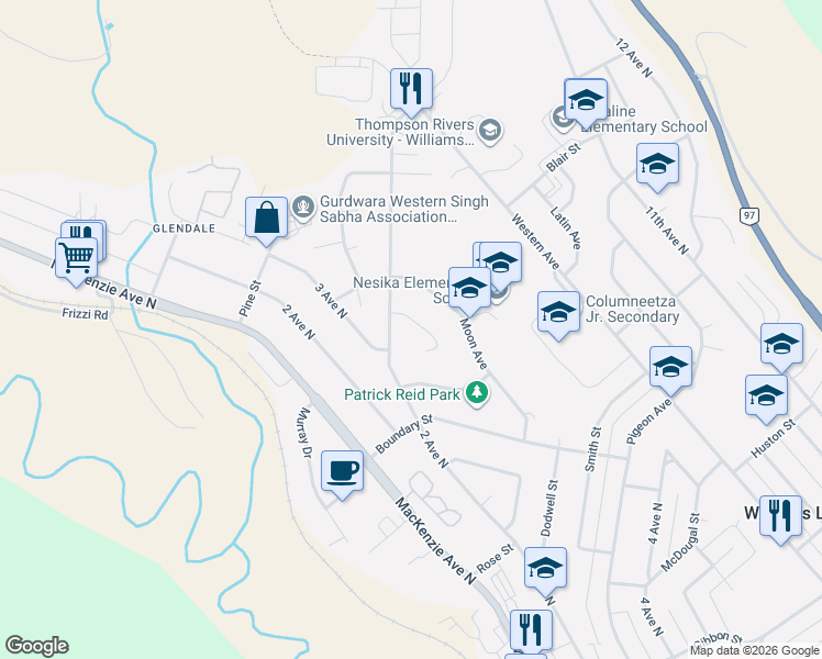 map of restaurants, bars, coffee shops, grocery stores, and more near 1075 Moxon Place in Williams Lake
