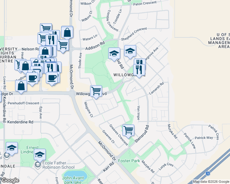 map of restaurants, bars, coffee shops, grocery stores, and more near 927 B Maguire Crescent in Saskatoon