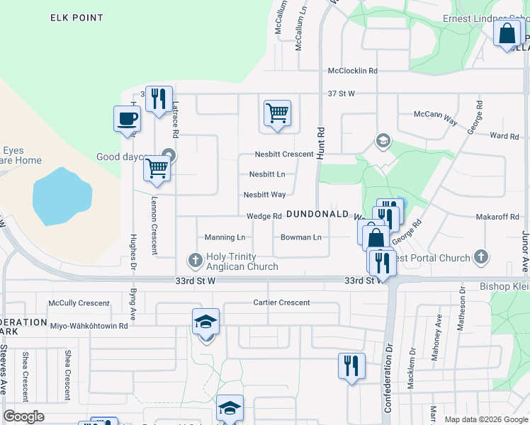 map of restaurants, bars, coffee shops, grocery stores, and more near 103 Manning Crescent in Saskatoon