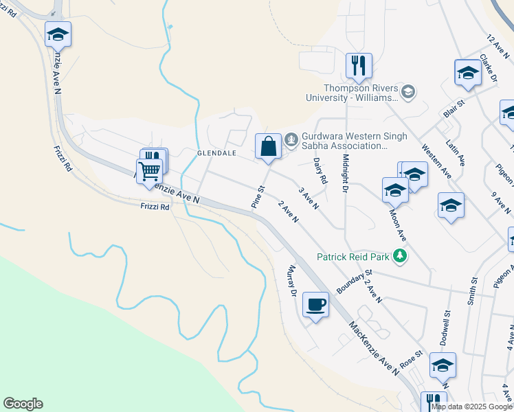 map of restaurants, bars, coffee shops, grocery stores, and more near 1198 Mackenzie Avenue North in Williams Lake