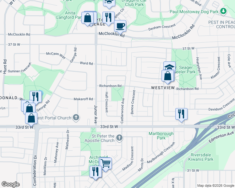 map of restaurants, bars, coffee shops, grocery stores, and more near 1315 Catherwood Avenue in Saskatoon
