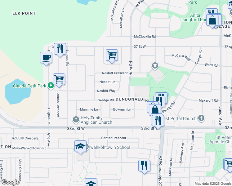 map of restaurants, bars, coffee shops, grocery stores, and more near 509 Nesbitt Lane in Saskatoon