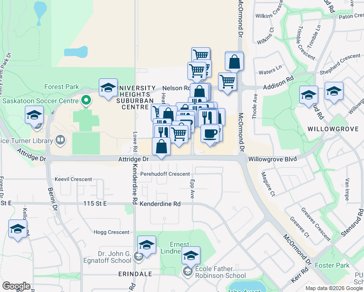 map of restaurants, bars, coffee shops, grocery stores, and more near 960 Attridge Drive in Saskatoon