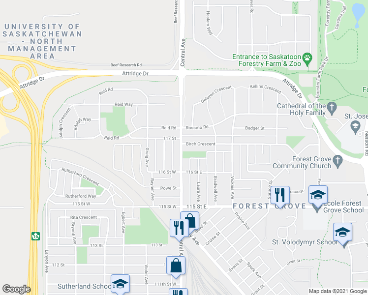 map of restaurants, bars, coffee shops, grocery stores, and more near 102 Birch Crescent in Saskatoon