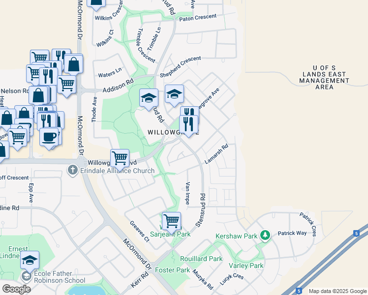map of restaurants, bars, coffee shops, grocery stores, and more near in Saskatoon