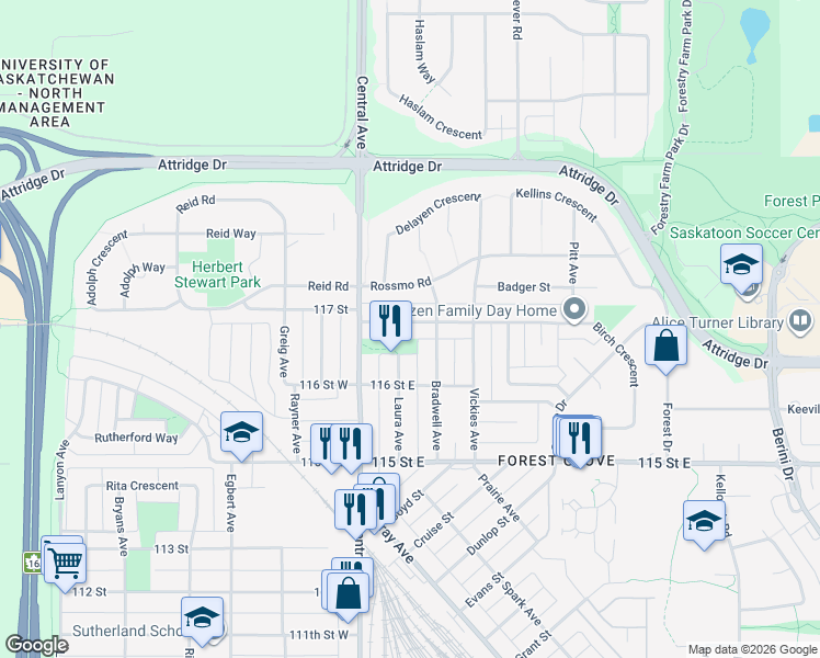 map of restaurants, bars, coffee shops, grocery stores, and more near 130 Birch Crescent in Saskatoon
