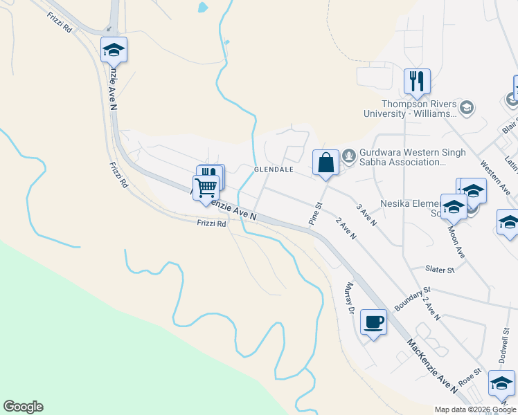 map of restaurants, bars, coffee shops, grocery stores, and more near 2020 Mackenzie Avenue North in Williams Lake