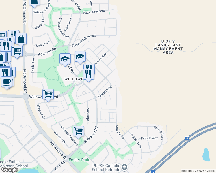 map of restaurants, bars, coffee shops, grocery stores, and more near 306 Willowgrove Crescent in Saskatoon