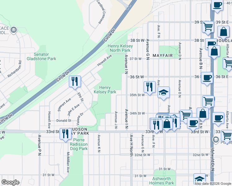 map of restaurants, bars, coffee shops, grocery stores, and more near 914 35th Street West in Saskatoon