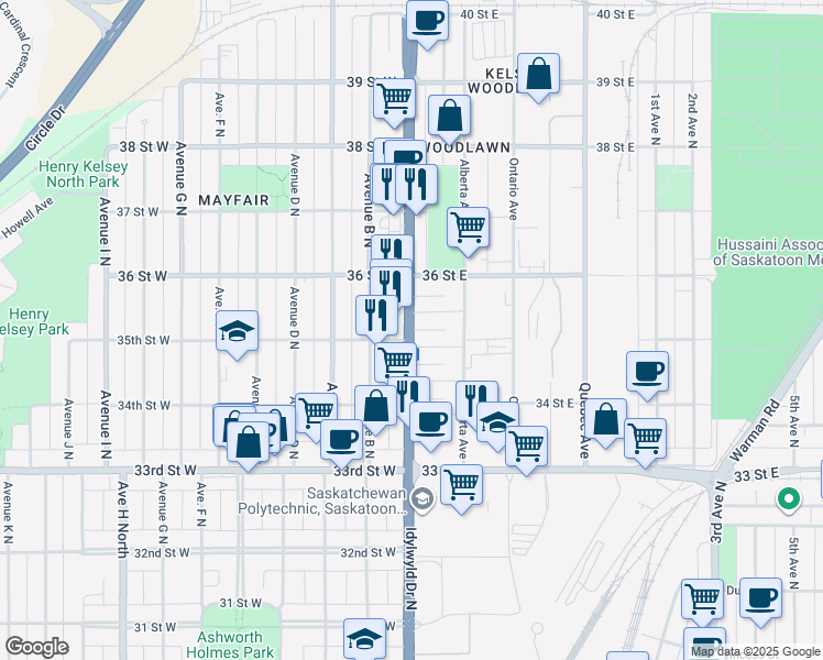 map of restaurants, bars, coffee shops, grocery stores, and more near Grey Place in Saskatoon