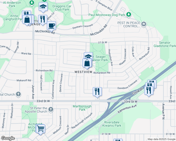 map of restaurants, bars, coffee shops, grocery stores, and more near 2410 Richardson Road in Saskatoon
