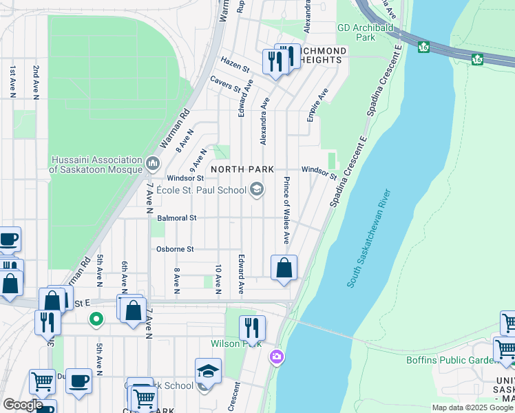 map of restaurants, bars, coffee shops, grocery stores, and more near 1507 Alexandra Avenue in Saskatoon