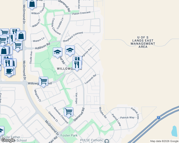 map of restaurants, bars, coffee shops, grocery stores, and more near 306 Willowgrove Crescent in Saskatoon