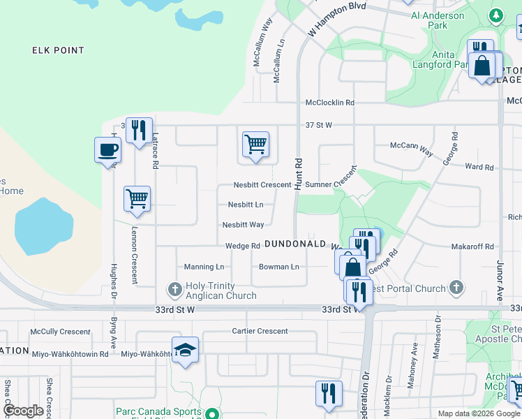 map of restaurants, bars, coffee shops, grocery stores, and more near 509 Nesbitt Lane in Saskatoon