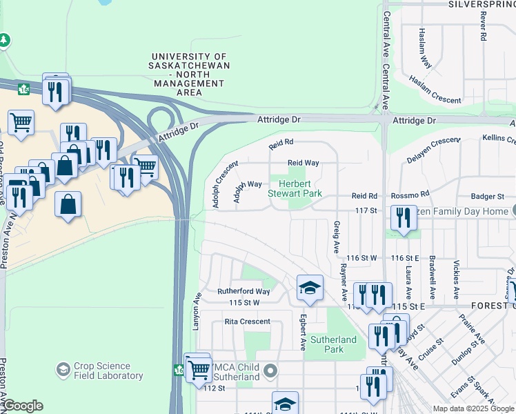 map of restaurants, bars, coffee shops, grocery stores, and more near 182 Adolph Crescent in Saskatoon